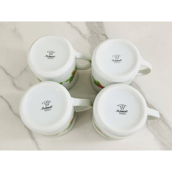 Schmidt Coffee Mug Teacup Christmas Holly Wreath Porcelain 3 1/2" Brasil x4 Vtg - Picture 11 of 13